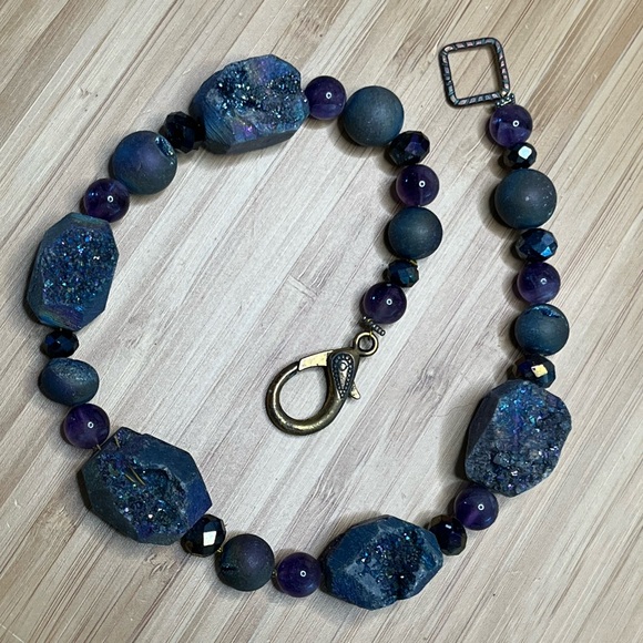 Aura Rainbow Druzy Beaded Necklace & Earring Set, Vintage - Picture 4 of 11